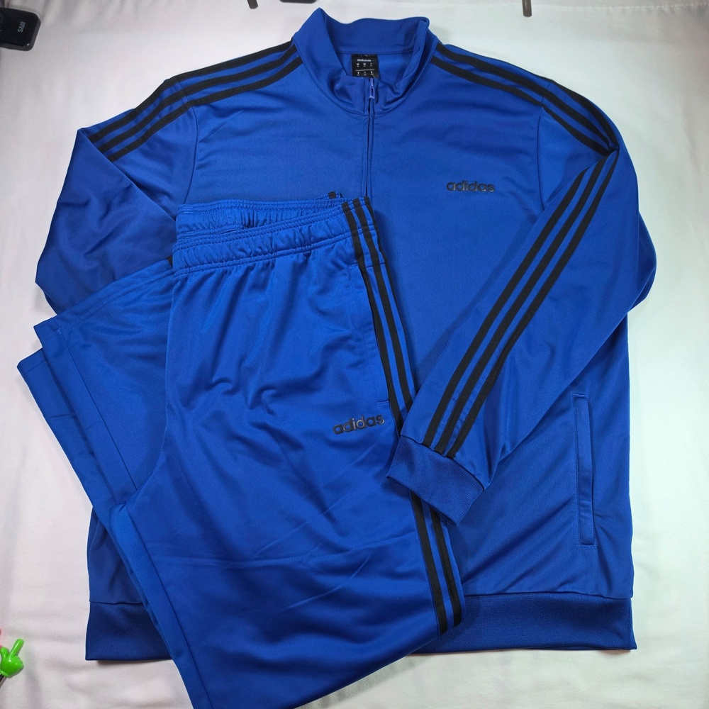 Adidas Tracksuit Mens 2XL Blue 3-Stripes Full Zip Jacket Pants Set DU0449 DU0466